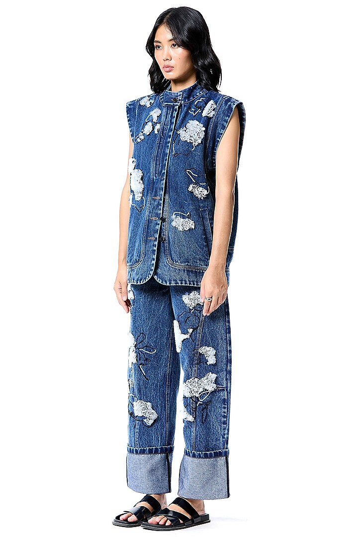 Blue Cotton Embellished Vest by Kanika Goyal at Pernia's Pop Up Shop