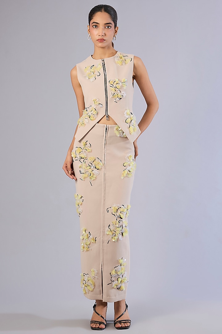 Beige Japanese Crepe Skirt Set by Kanika Goyal at Pernia's Pop Up Shop