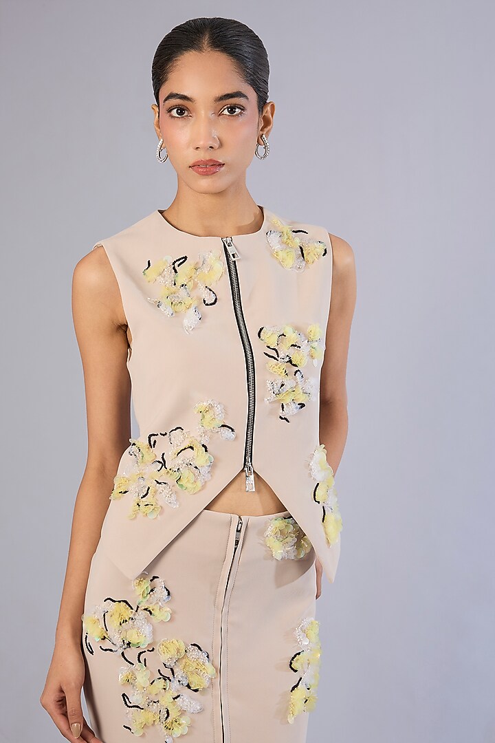 Beige Japanese Crepe Skirt Set by Kanika Goyal at Pernia's Pop Up Shop