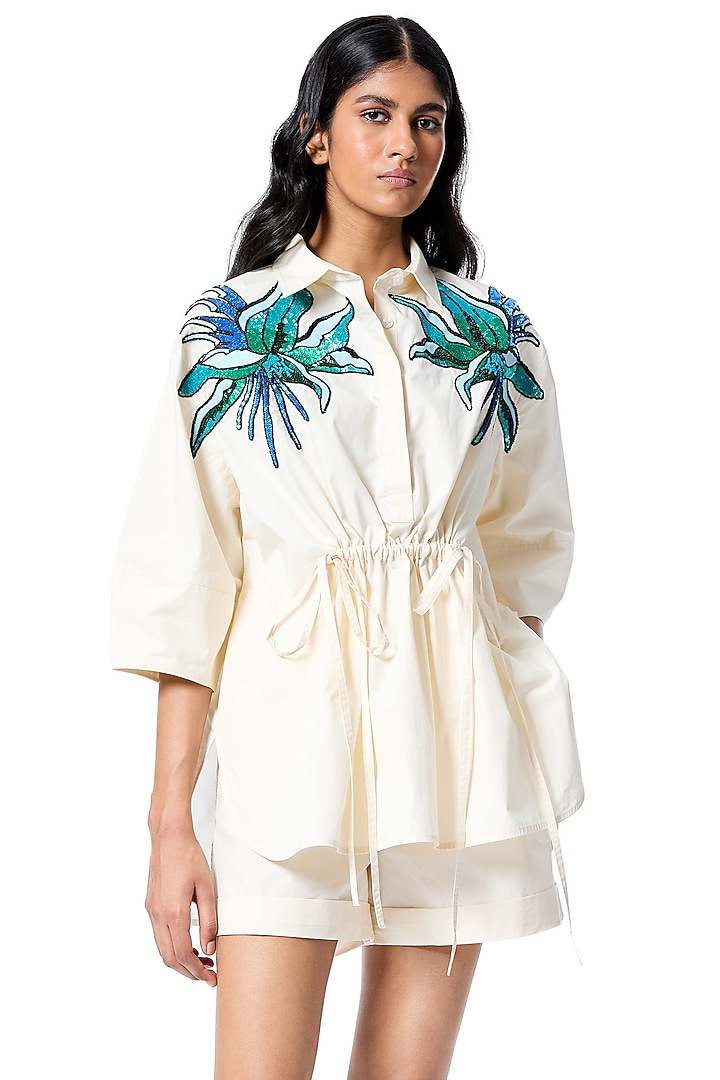 White Cotton Embellished Shirt by Kanika Goyal at Pernia's Pop Up Shop