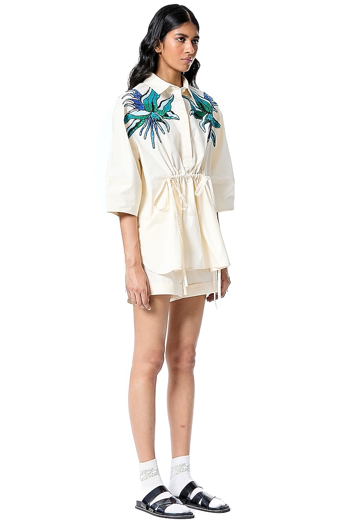 White Cotton Embellished Shirt by Kanika Goyal at Pernia's Pop Up Shop