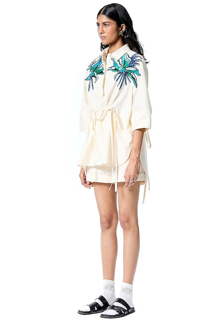 White Cotton Embellished Shirt by Kanika Goyal at Pernia's Pop Up Shop