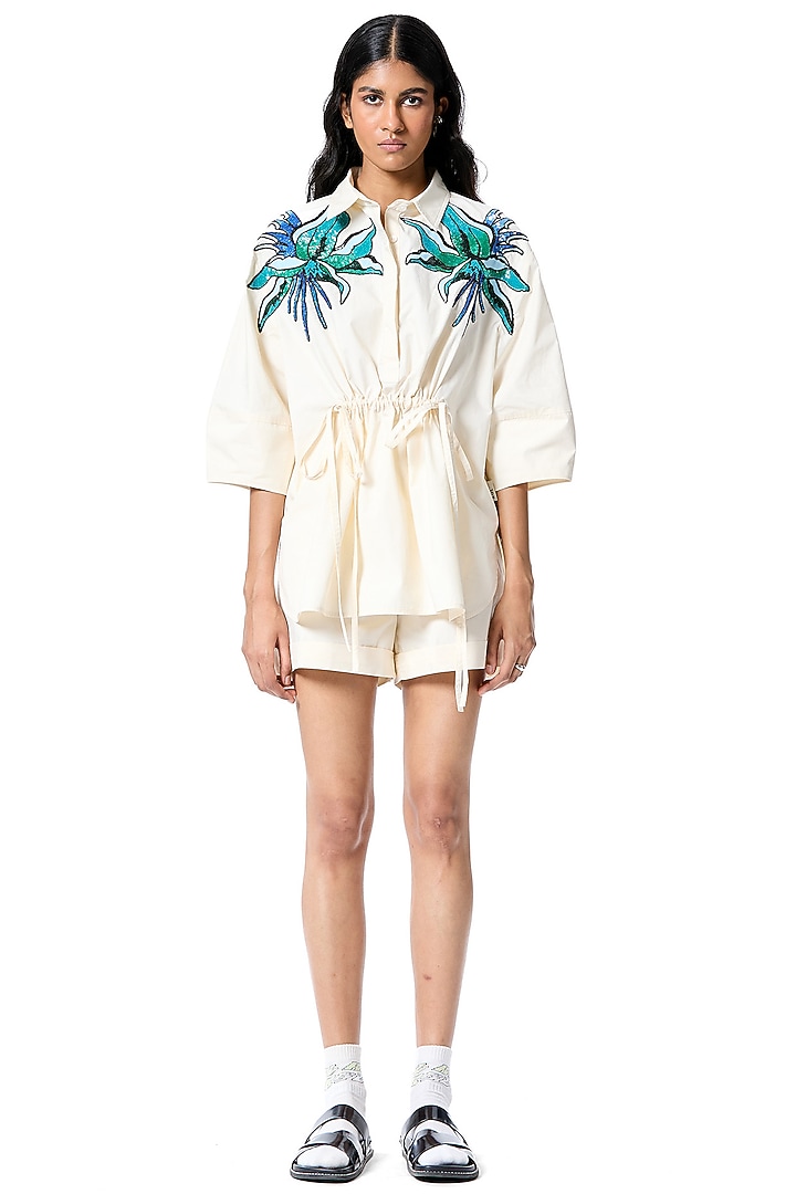 White Cotton Embellished Shirt by Kanika Goyal at Pernia's Pop Up Shop