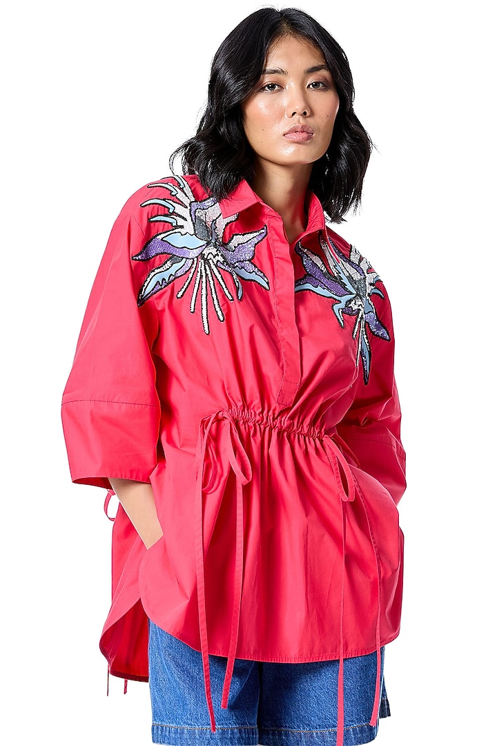 Red Cotton Embellished Shirt by Kanika Goyal at Pernia's Pop Up Shop