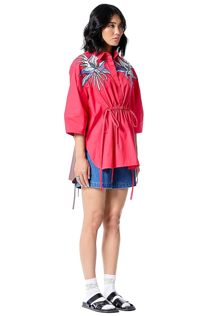 Red Cotton Embellished Shirt by Kanika Goyal at Pernia's Pop Up Shop