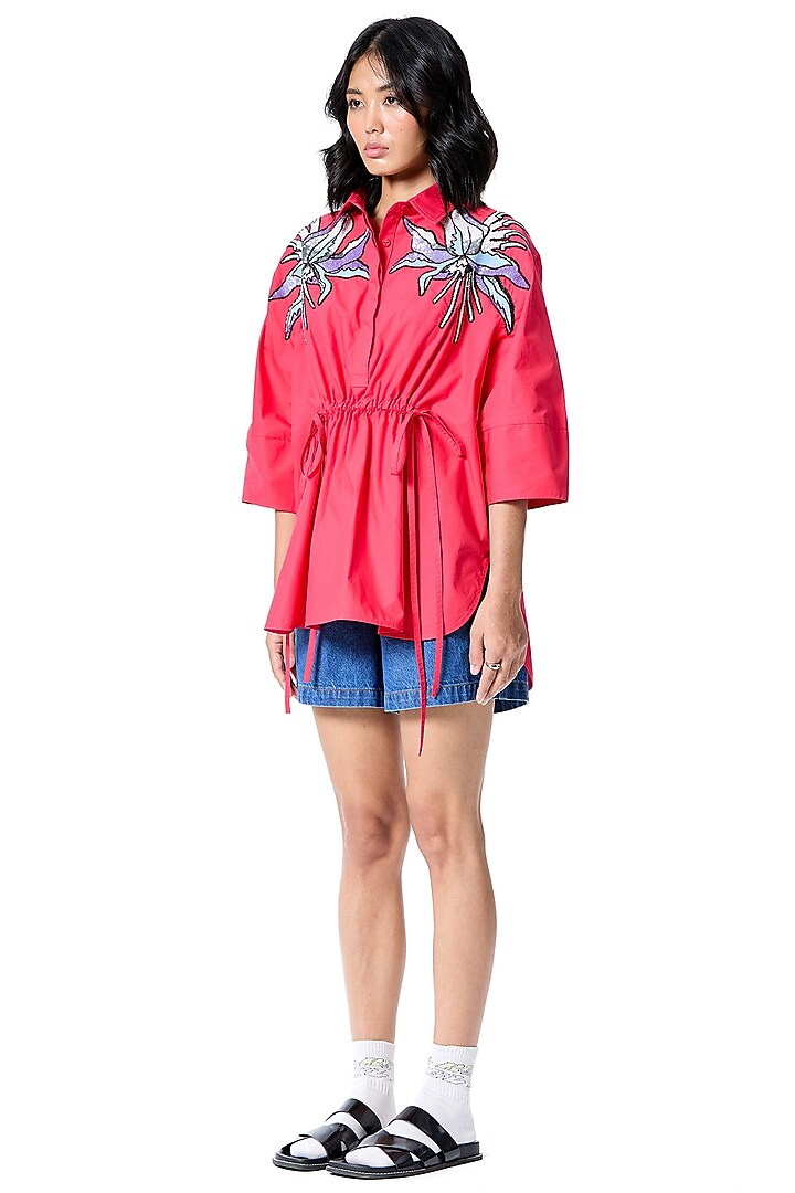 Red Cotton Embellished Shirt by Kanika Goyal at Pernia's Pop Up Shop