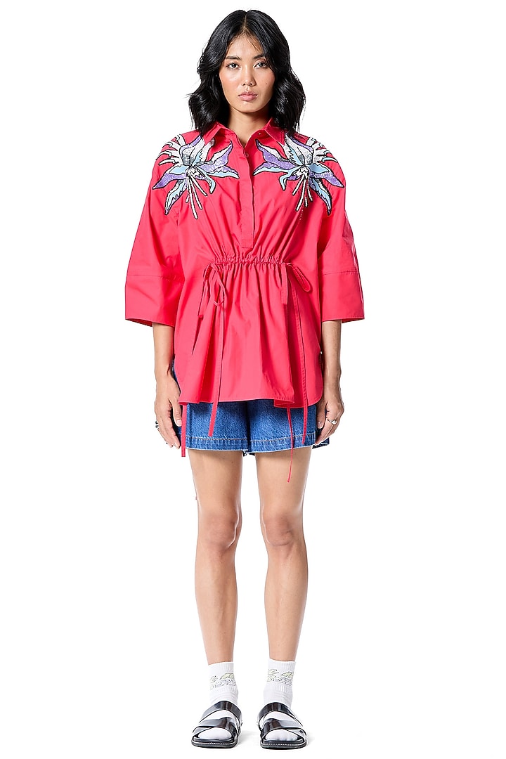 Red Cotton Embellished Shirt by Kanika Goyal at Pernia's Pop Up Shop