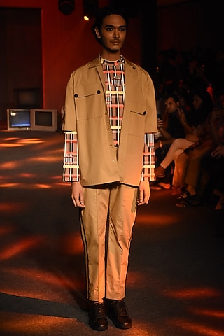Beige Pintuck Printed Trouser Pants by Kanika Goyal Men