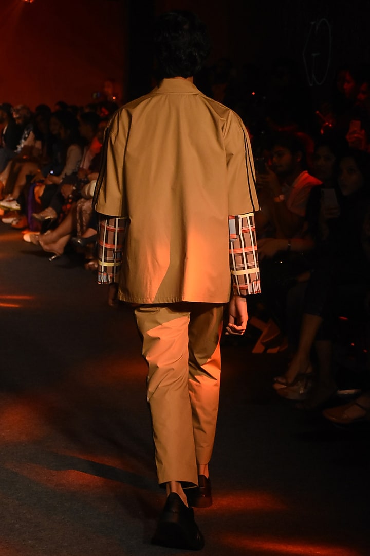 Beige Pintuck Printed Trouser Pants by Kanika Goyal Men at Pernia's Pop Up Shop