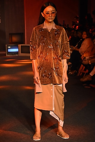 Copper & Pink Embroidered Shirt by Kanika Goyal