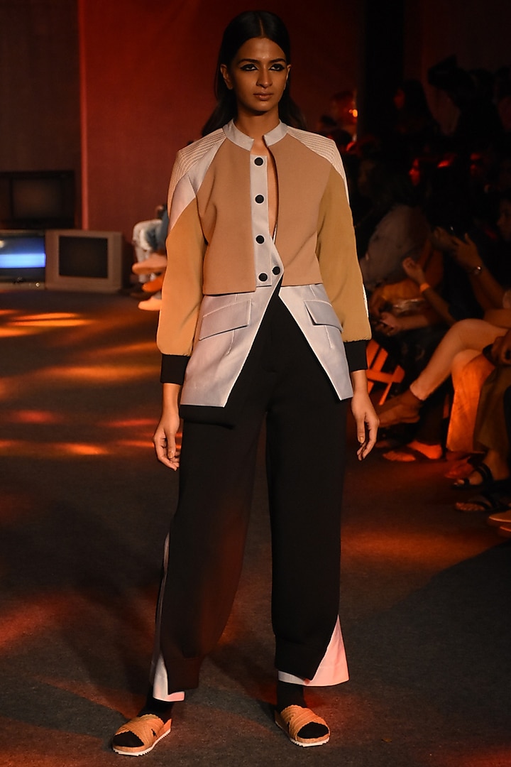 Grey Layered Blazer With Beige Cropped Jacket by Kanika Goyal