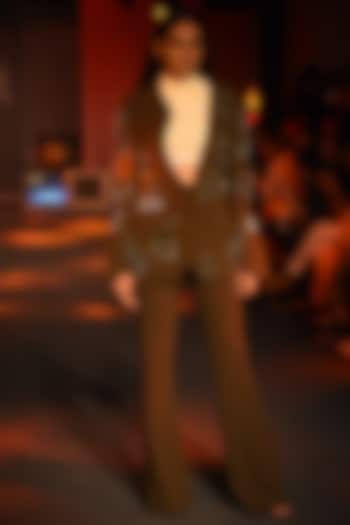 Olive Green Embroidered Blazer by Kanika Goyal at Pernia's Pop Up Shop