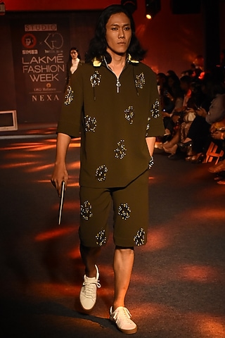 Olive Green Embroidered Hoodie by Kanika Goyal Men