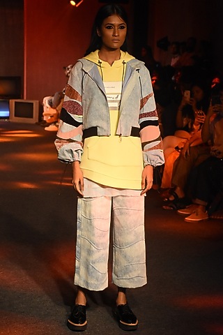 Powder Blue Denim Bomber Jacket by Kanika Goyal