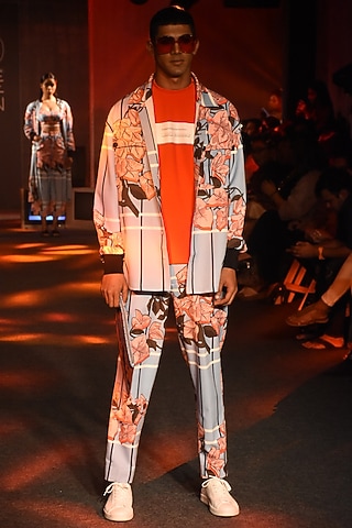 Powder Blue Printed Jacket by Kanika Goyal Men