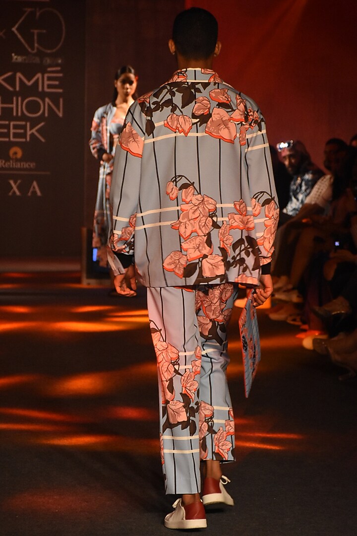 Powder Blue Printed Jacket by Kanika Goyal Men at Pernia's Pop Up Shop