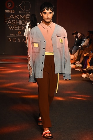 Powder Blue Denim Jacket by Kanika Goyal Men