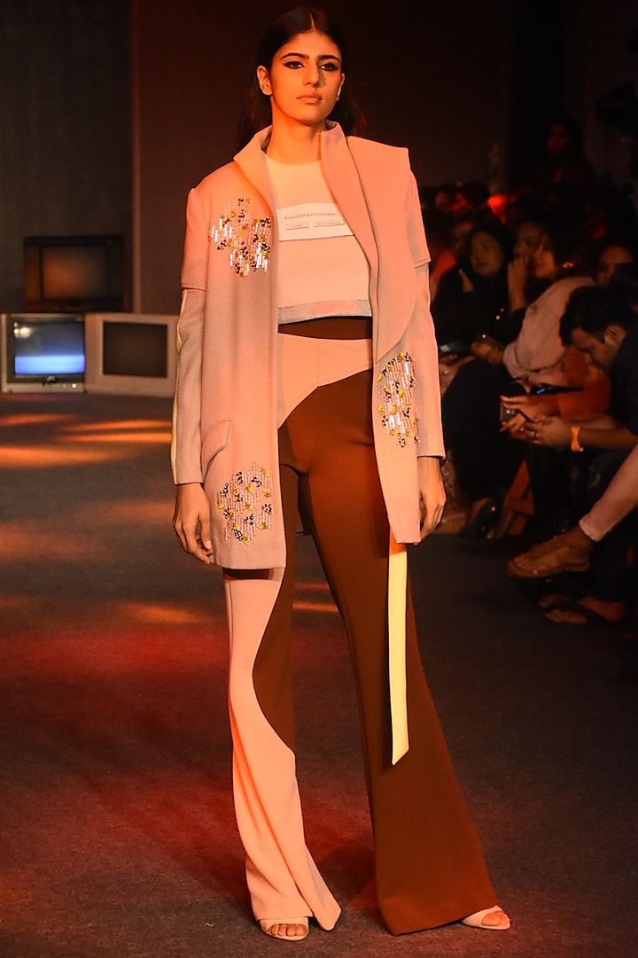 Pink Embroidered Thigh Length Jacket by Kanika Goyal