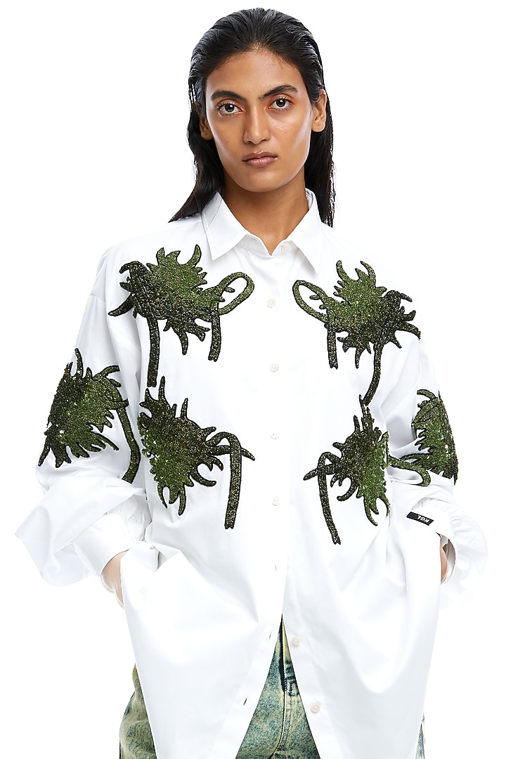 White Cotton Embellished Shirt by Kanika Goyal at Pernia's Pop Up Shop