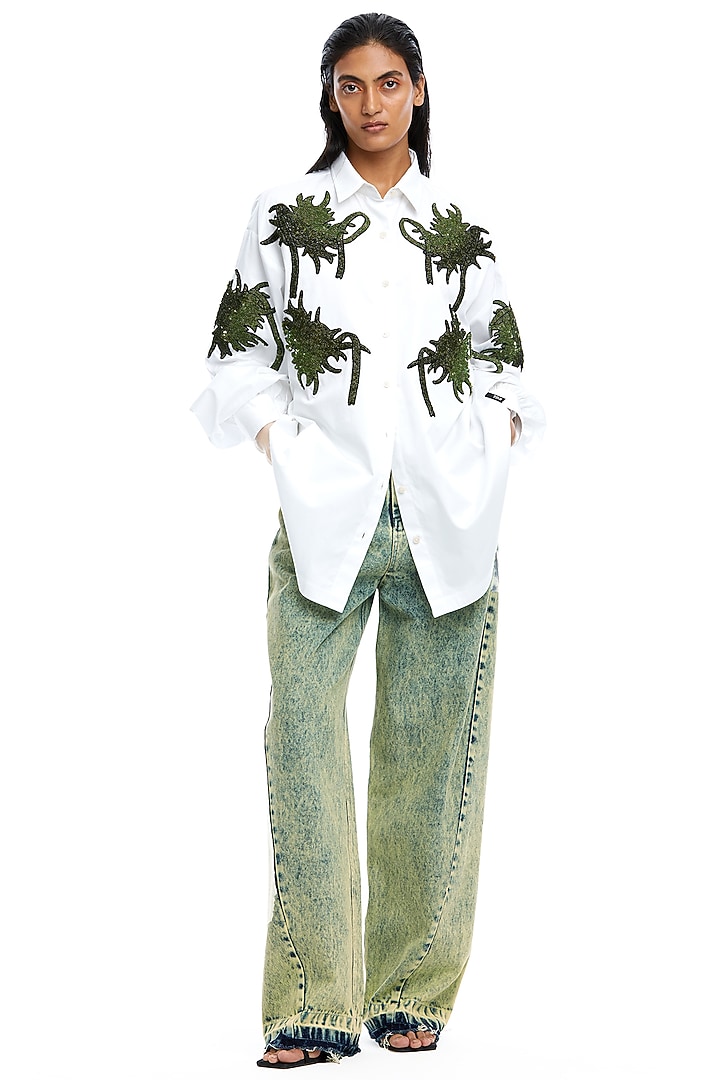 White Cotton Embellished Shirt by Kanika Goyal at Pernia's Pop Up Shop