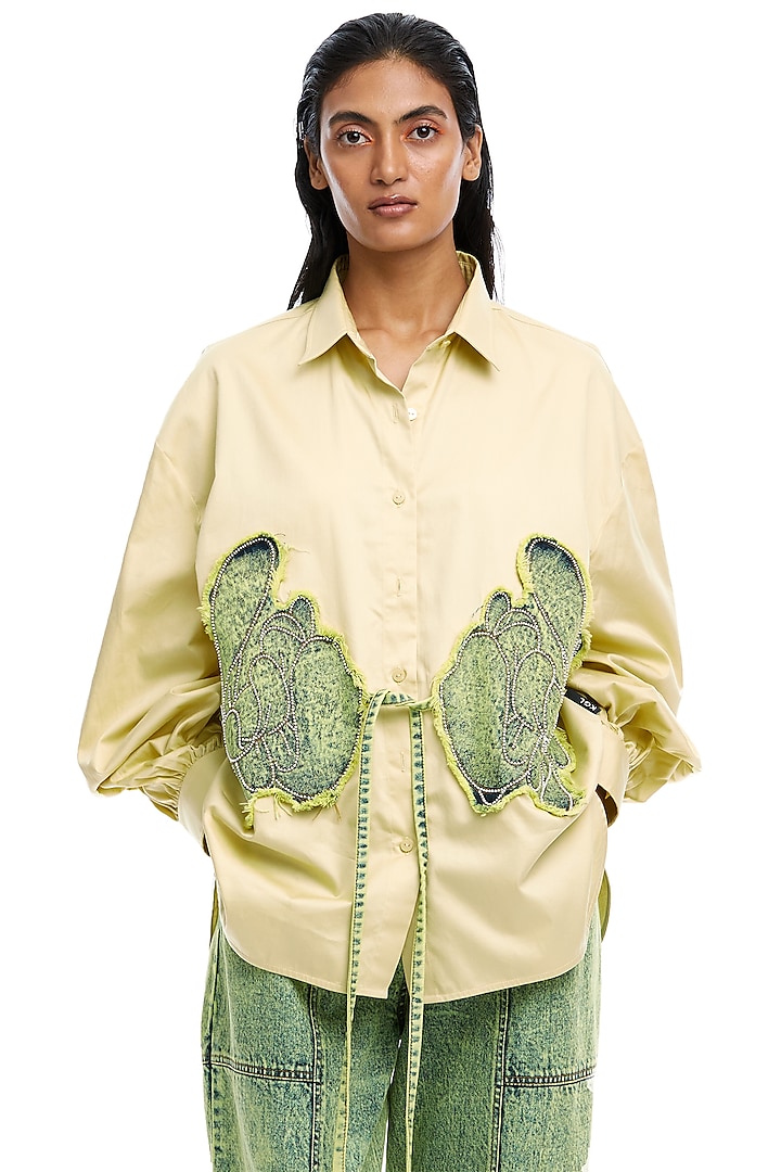 Light Yellow Cotton Embroidered Shirt by Kanika Goyal at Pernia's Pop Up Shop