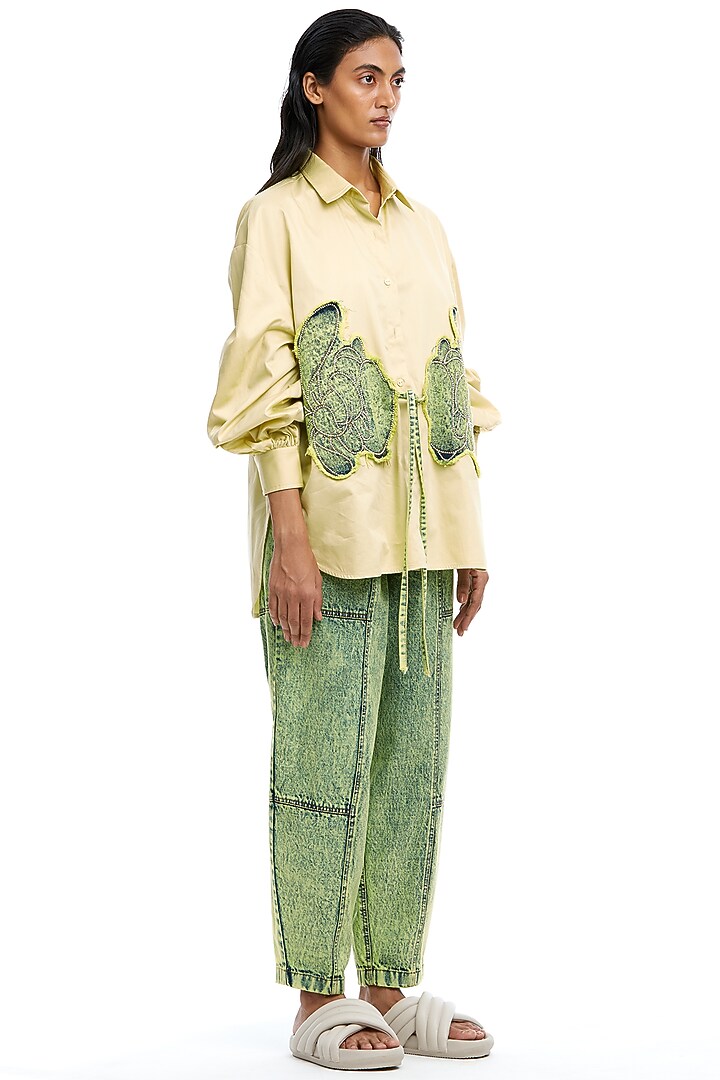 Light Yellow Cotton Embroidered Shirt by Kanika Goyal at Pernia's Pop Up Shop