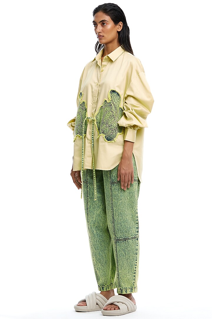 Light Yellow Cotton Embroidered Shirt by Kanika Goyal at Pernia's Pop Up Shop