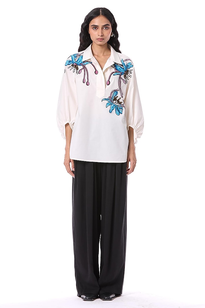 White Cotton Hand Embellished Top by Kanika Goyal at Pernia's Pop Up Shop