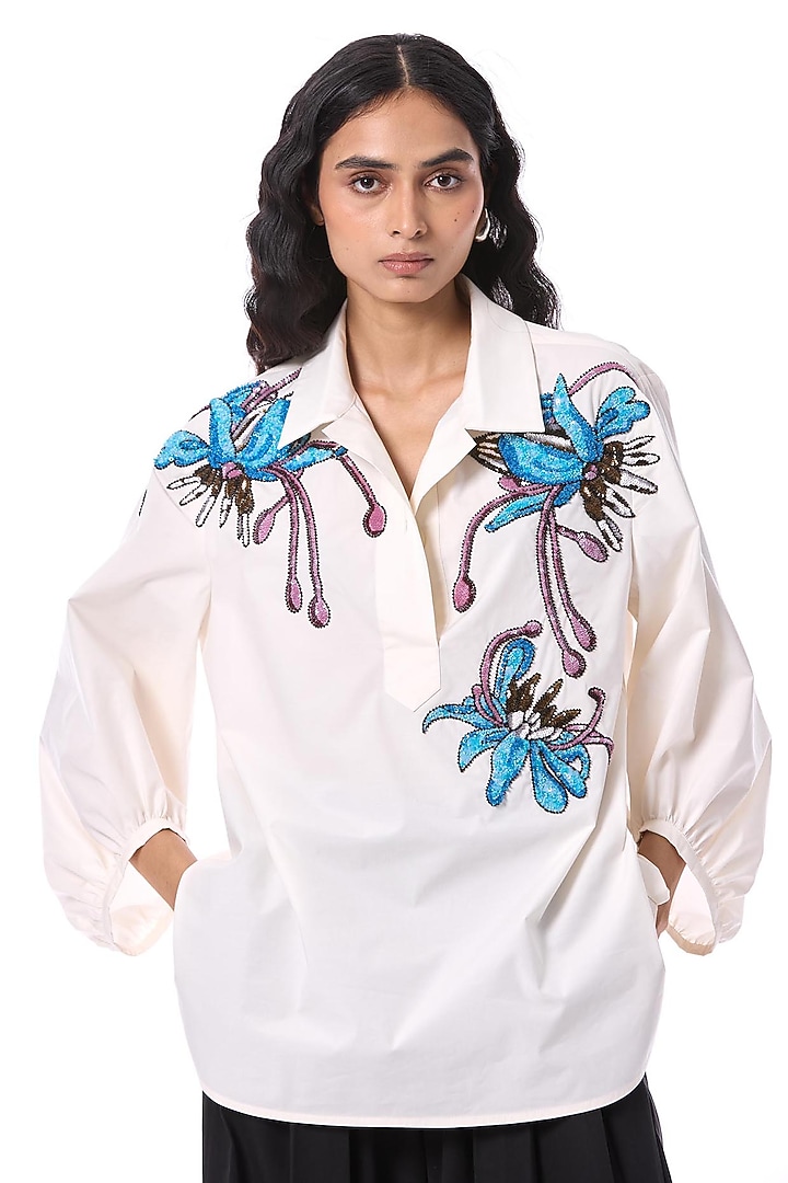 White Cotton Hand Embellished Top by Kanika Goyal at Pernia's Pop Up Shop
