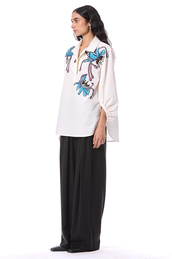 White Cotton Hand Embellished Top by Kanika Goyal at Pernia's Pop Up Shop