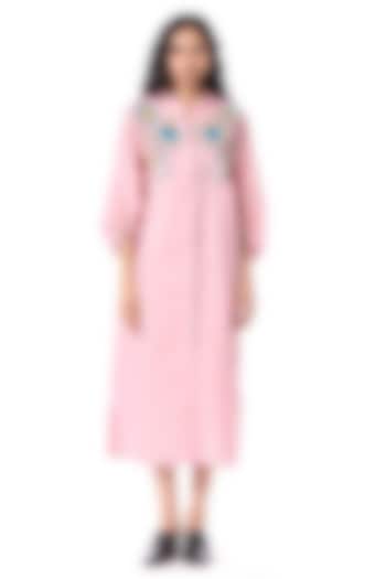 Pink Cotton Hand Embellished Midi Cocktail Shirt Dress by Kanika Goyal at Pernia's Pop Up Shop