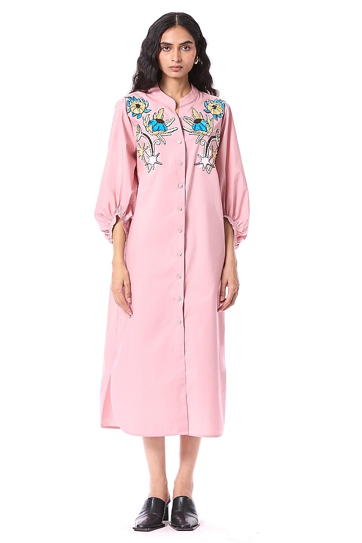 Pink Cotton Hand Embellished Midi Cocktail Shirt Dress by Kanika Goyal at Pernia's Pop Up Shop