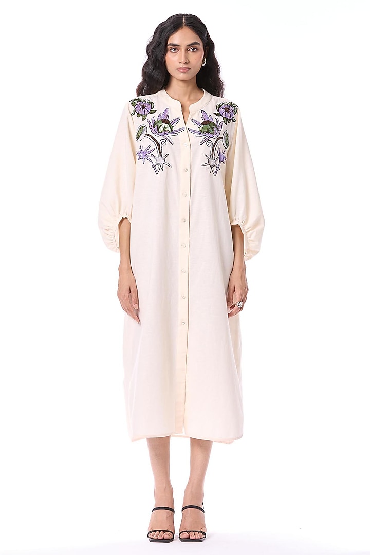 White Linen Blend Hand Embellished Midi Cocktail Shirt Dress by Kanika Goyal at Pernia's Pop Up Shop