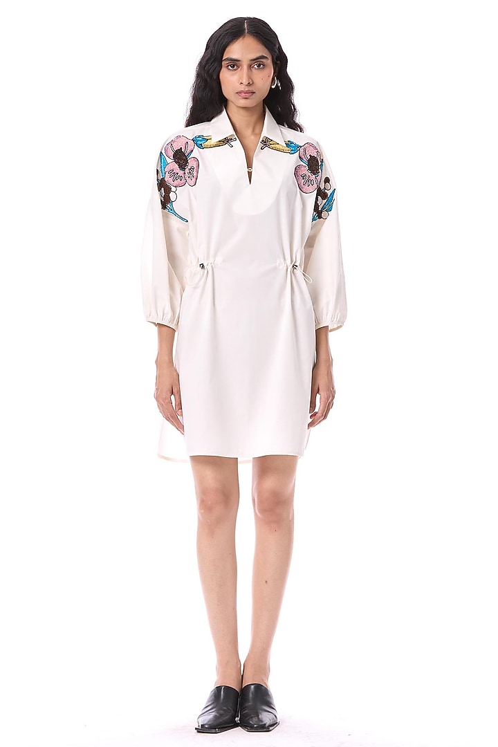 White Cotton Hand Embellished Mini Vacation Dress by Kanika Goyal at Pernia's Pop Up Shop