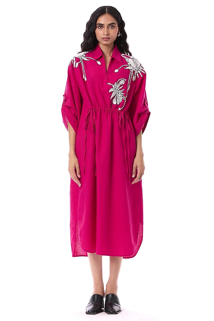 Pink Linen Blend Hand Embellished Midi Cocktail Shirt Dress by Kanika Goyal at Pernia's Pop Up Shop