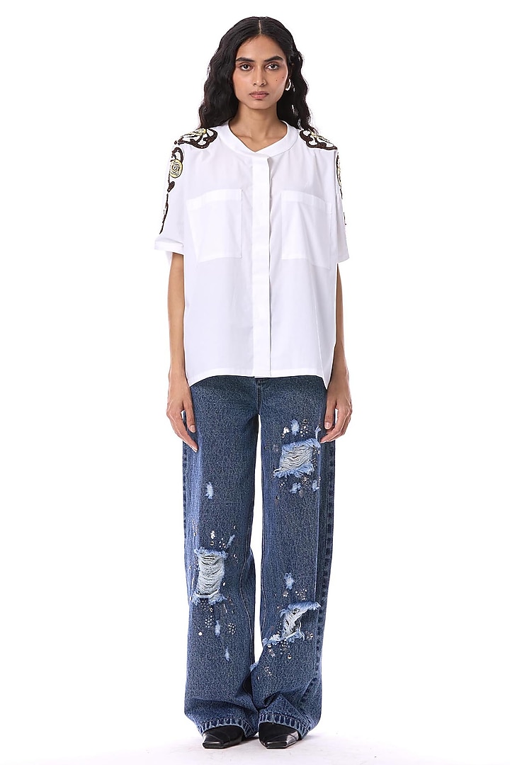 White Cotton Hand Embellished Shirt by Kanika Goyal at Pernia's Pop Up Shop