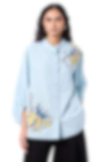 Blue Linen Blend Hand Embellished Shirt by Kanika Goyal at Pernia's Pop Up Shop
