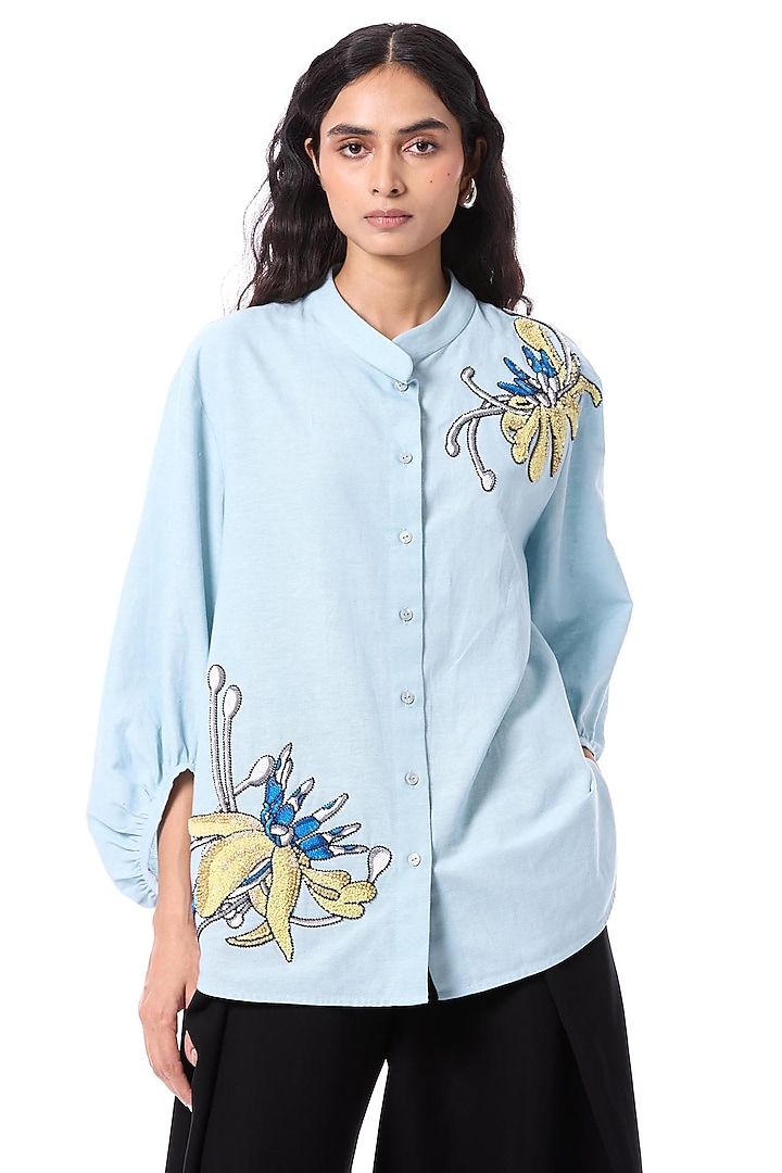 Blue Linen Blend Hand Embellished Shirt by Kanika Goyal at Pernia's Pop Up Shop