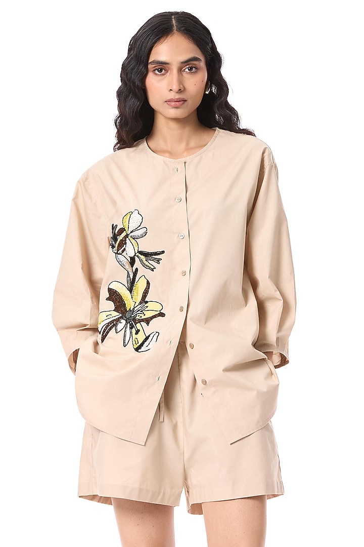 Beige Linen Blend Hand Embellished Shirt by Kanika Goyal at Pernia's Pop Up Shop