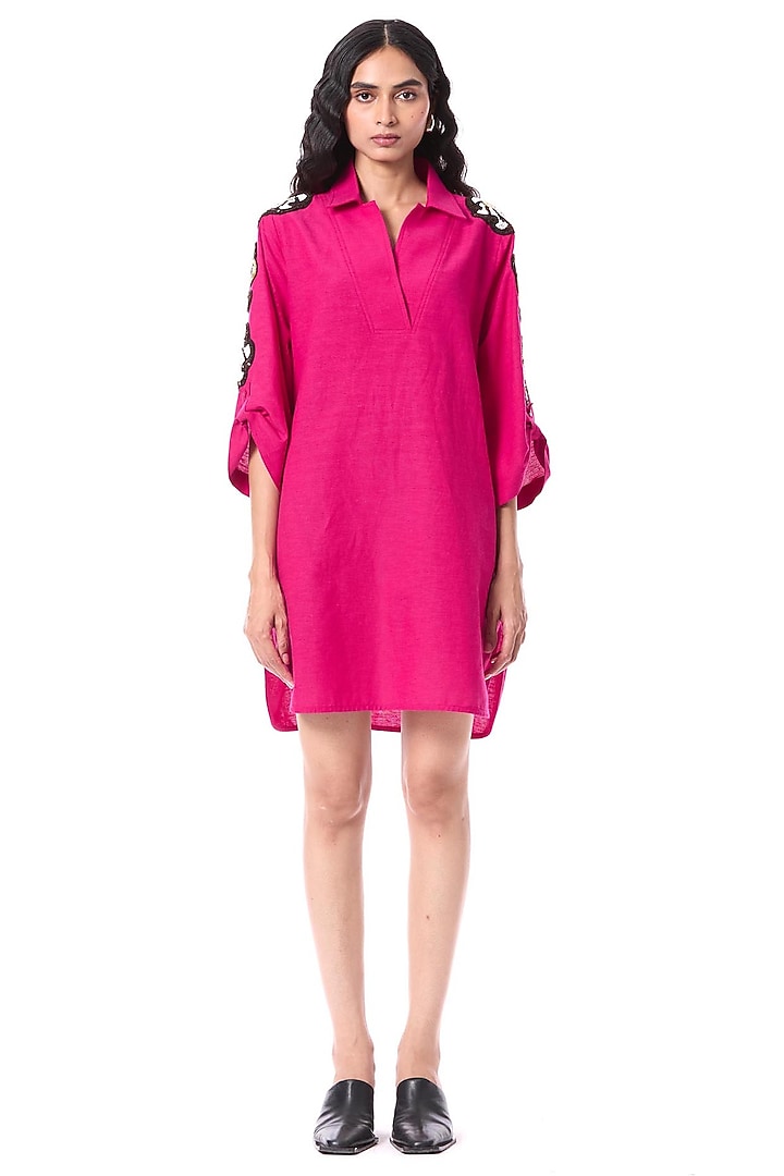 Pink Linen Blend Hand Embellished Mini Vacation Dress by Kanika Goyal at Pernia's Pop Up Shop