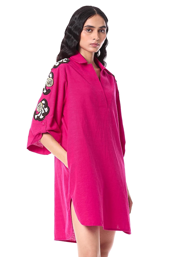 Pink Linen Blend Hand Embellished Mini Vacation Dress by Kanika Goyal at Pernia's Pop Up Shop