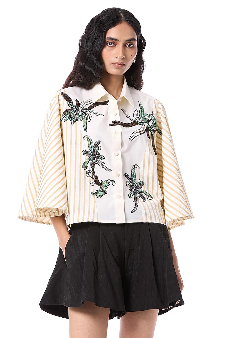 White Cotton Hand Embellished Shirt by Kanika Goyal at Pernia's Pop Up Shop
