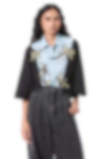 Black & Blue Linen Blend Hand Embellished Shirt by Kanika Goyal at Pernia's Pop Up Shop