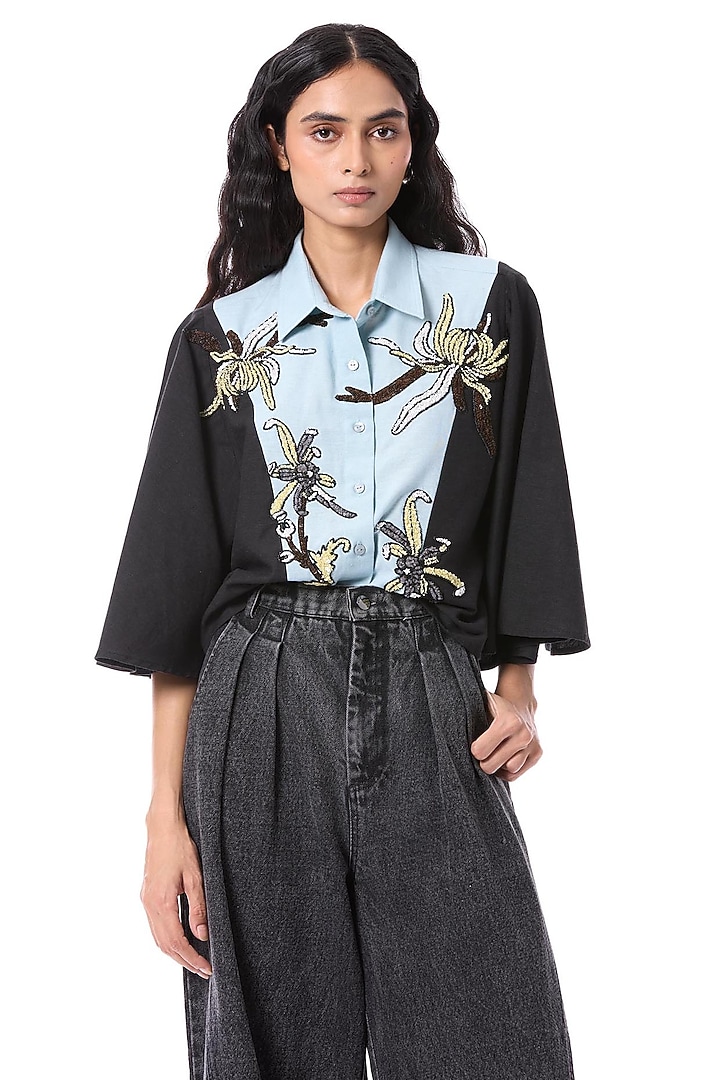 Black & Blue Linen Blend Hand Embellished Shirt by Kanika Goyal at Pernia's Pop Up Shop
