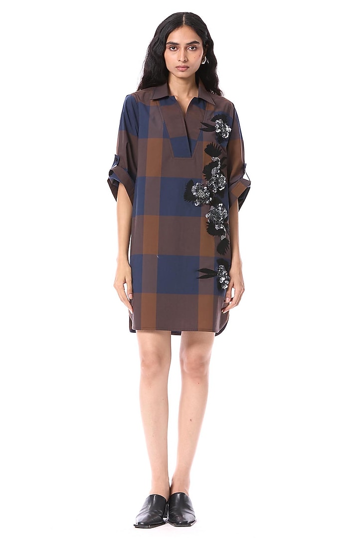 Multi-Colored Cotton Hand Embellished Checkered Mini Vacation Dress by Kanika Goyal at Pernia's Pop Up Shop