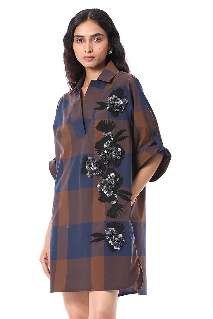 Multi-Colored Cotton Hand Embellished Checkered Mini Vacation Dress by Kanika Goyal at Pernia's Pop Up Shop