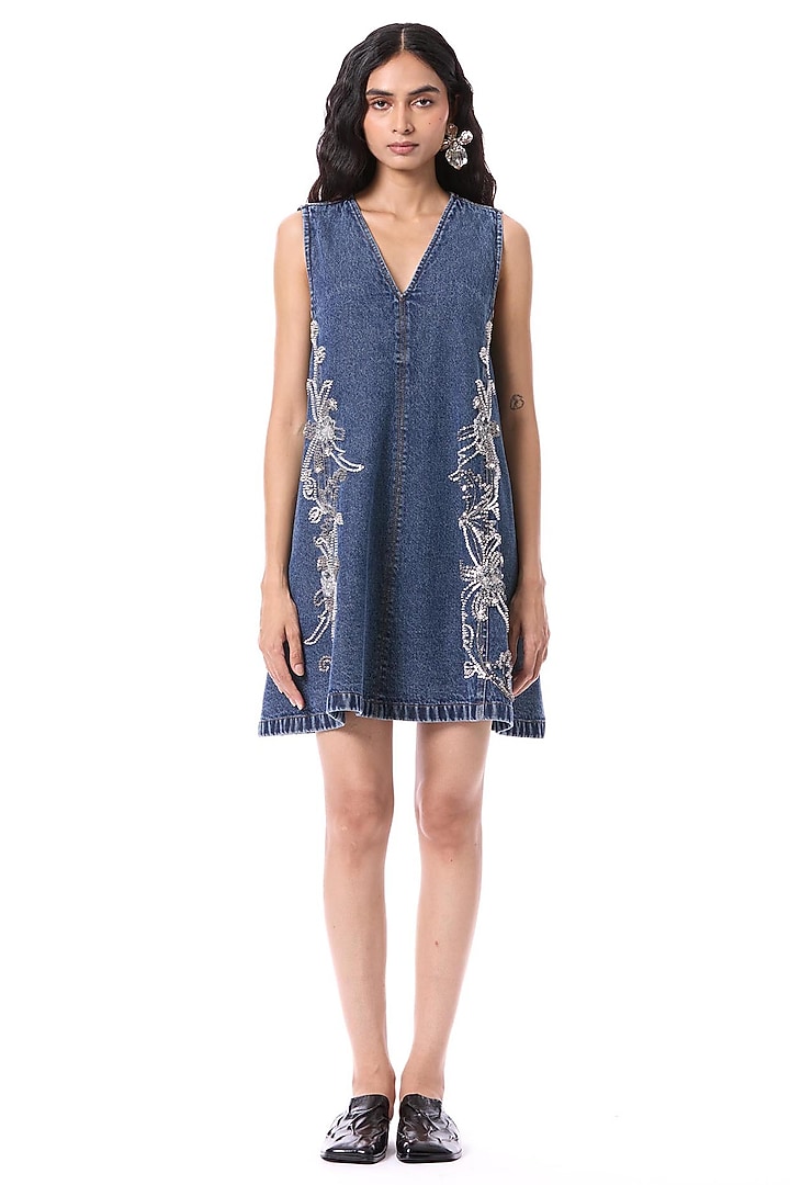 Blue Cotton Sleeveless A-Line Mini Cocktail Dress by Kanika Goyal at Pernia's Pop Up Shop