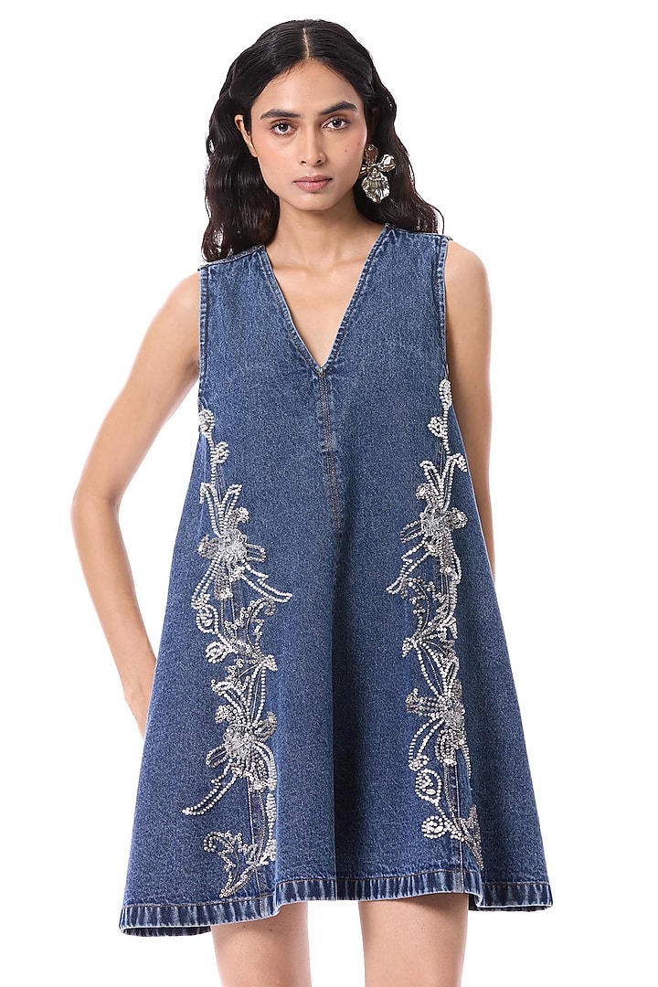 Blue Cotton Sleeveless A-Line Mini Cocktail Dress by Kanika Goyal at Pernia's Pop Up Shop