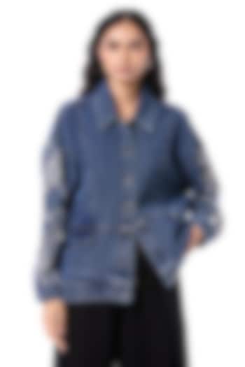 Blue Cotton Hand Embellished Jacket by Kanika Goyal at Pernia's Pop Up Shop