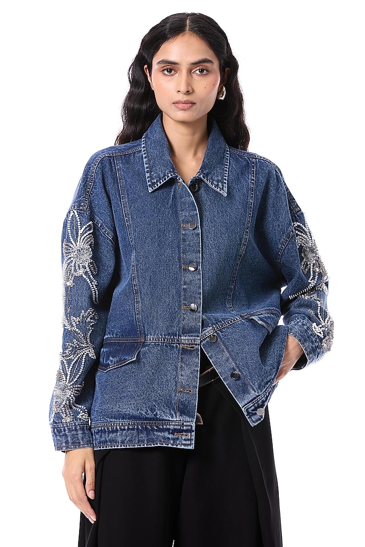 Blue Cotton Hand Embellished Jacket by Kanika Goyal at Pernia's Pop Up Shop